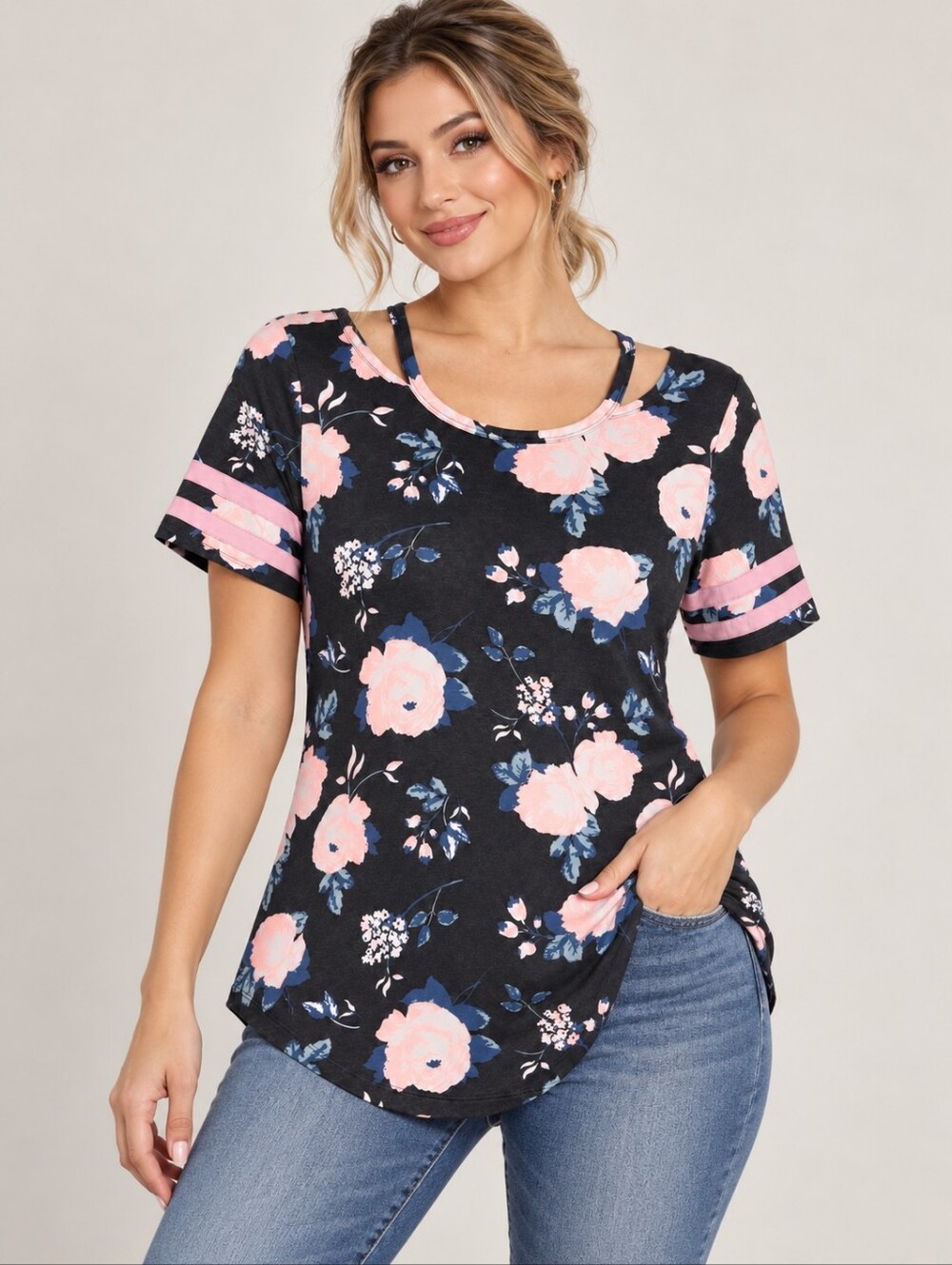 Maurices XS Charcoal Floral Strappy Cold Shoulder Tunic Top